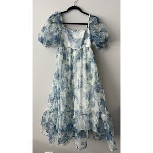 Francesca’s Blue White Floral Puff Sleeve Organza Dress. Small. Bridgerton Style